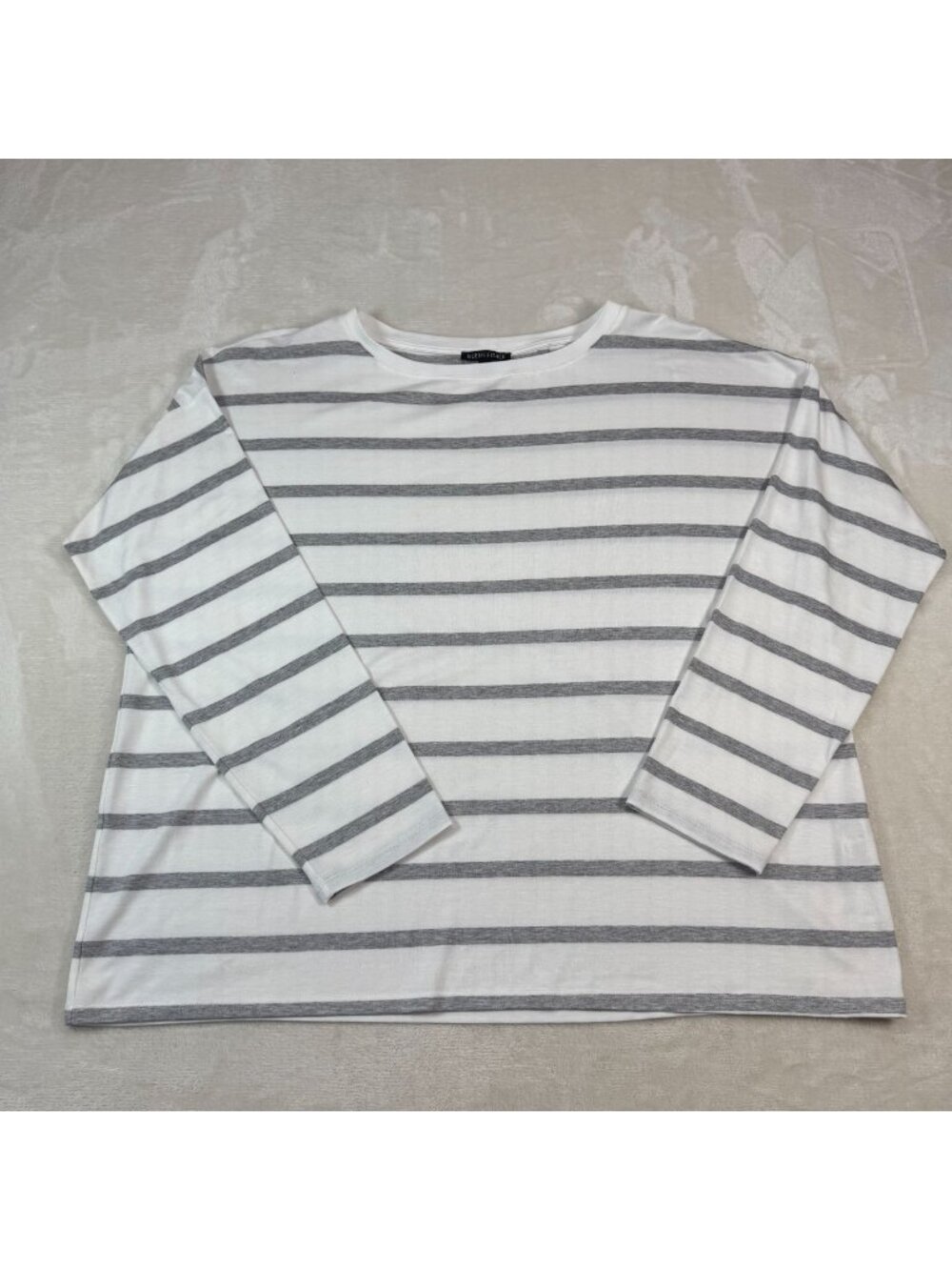Eileen Fisher White Gray Striped Crewneck 3/4 Sleeve Shirt Tencel Boxy Womens L